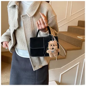 Fashion retro frosted handbag with plush dog pendant, stylish autumn winter crossbody small bag