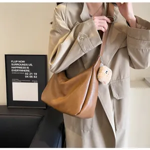 Women brown retro shoulder bag large capacity casual dumpling crossbody bag with cute plush charm