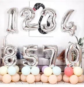 Silver number foil balloons setup with pastel balloon base for party background detail.