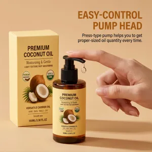 Detailed view of versatile coconut oil with easy-control pump, perfect for hair and skin.