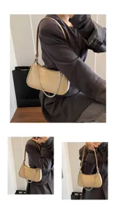 Vista detallada del elegante bolso de hombro caqui para mujer con una cadena chic.