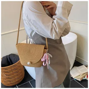 Korean mini woven straw shoulder bag chic cross body bag with pearl decor for women stylish