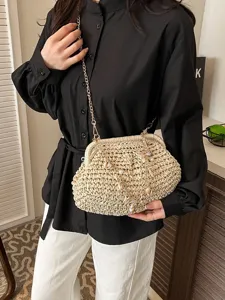 Fashion straw woven shoulder bag for women, trendy chain crossbody beach summer handbag.