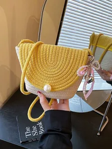 Korean Style Niche Mini Shoulder Bag Women Fashion Chic Handwoven Straw Crossbody Bag Pearl Bow Daily Phone Bag