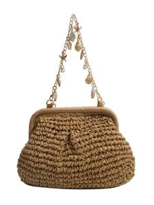 Woven straw handbag with shell chain strap, trendy beach shoulder bag for women summer style.