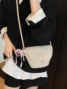 Korean style woven mini crossbody bag for women chic pearl shoulder handbag phone bag