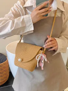 Mini straw woven crossbody bag for women cute pearl pendant shoulder phone bag casual