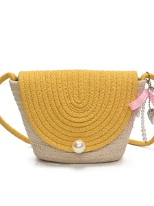 Chic woven mini crossbody bag for women, cute yellow flap design with pearl decor, daily purse.