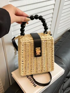 Vintage Straw Woven Crossbody Bag Women Small Handbag With Beaded Handle Metal Lock Beach Casual Shoulder Bag