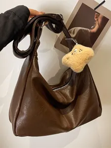 Large Capacity PU Leather Crossbody Bag Women Vintage Hobo Shoulder Bag Casual Tote Dumpling Bag With Plush Pendant