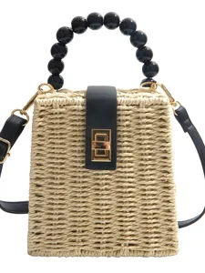 Vintage straw woven handbag with black beaded top handle and metal lock shoulder bag main view