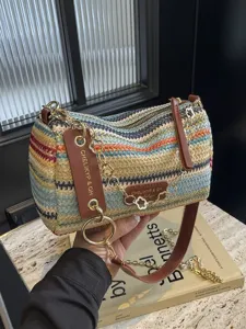 Borsa a Tracolla Tessuta in Paglia da Donna Elegante Borsa a Spalla Sottobraccio a Righe Multicolore Catena Pelle PU Borsa da Spiaggia Estiva