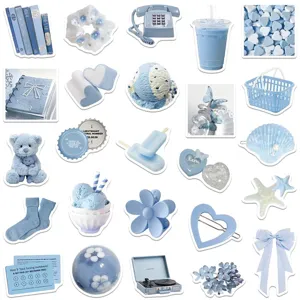 Aesthetic blue sticker pack for laptop, journal, and phone decoration, waterproof vinyl.