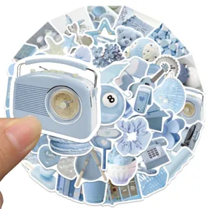 Close-up detail of aesthetic blue sticker pack, featuring cute light blue daily items.