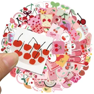 Pink cherry aesthetic waterproof stickers set, cute girlish graffiti laptop decals.