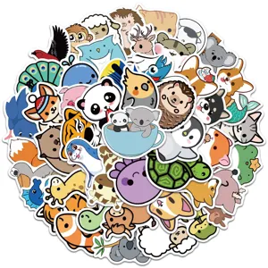Close-up details of cute cartoon animal stickers, waterproof vinyl decal for DIY journaling.