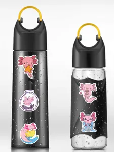 Cute axolotl stickers detail featuring waterproof vinyl designs for water bottles and laptops.