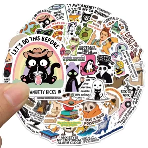 Paquet d'autocollants drôles de chat anxieux imperméables pour ordinateur portable et casque.