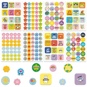 8 sheets of cute reward stickers for school teachers, colorful cartoon designs with motivational quotes.