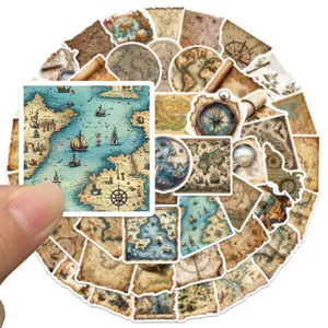 Set 50 adesivi mappa del mondo vintage, tema nautico retrò impermeabile per valigia e PC.