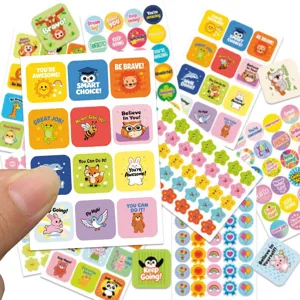 School teacher reward stickers, cute cartoon motivational vinyl stickers for kids, 8 sheets.