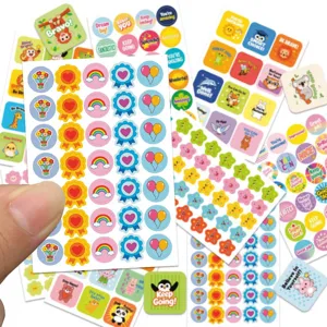 Colorful reward stickers for kids, teacher encouragement decals for journaling and DIY crafts.