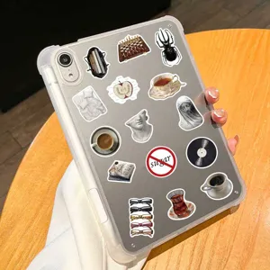 Clear aesthetic tablet case decorated with vintage art stickers, creative DIY decorative set.