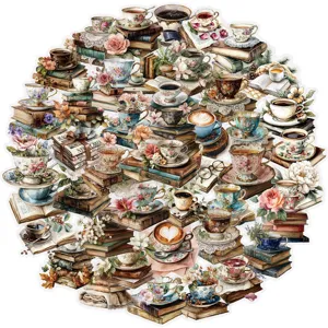 Détails des autocollants tasses de café vintage et livres, art déco PET pour téléphone.