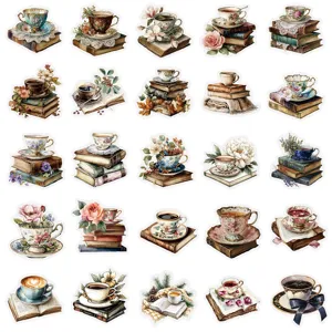 Ensemble d'autocollants decoratifs tasse de cafe vintage pour journal valise et ordi.