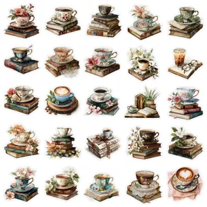 Ensemble d'autocollants rétro tasses de café et livres, autocollants décoratifs PET étanches.
