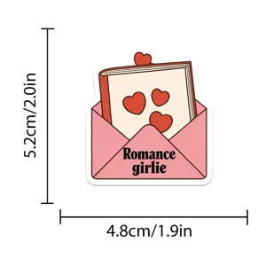 Valentine bookish sticker detail close-up showing pink love envelope design and dimensions.
