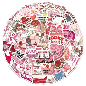 Valentine bookish waterproof stickers cute pink reading laptop water bottle decal pack 50pcs
