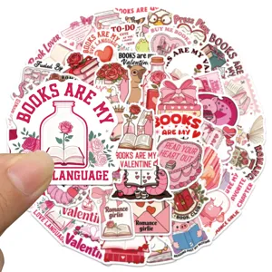 50pcs Bookish Valentine Stickers Cute Pink Waterproof Vinyl Decals for Laptop Luggage