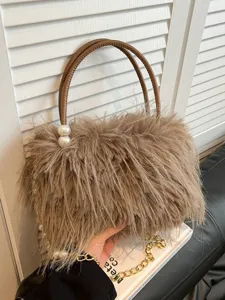 Damen Winter Plüsch Umhängetasche Trendy Flauschige Schultertasche Süße Perle Kette Handtasche Lässige Pelzige Messenger Tasche
