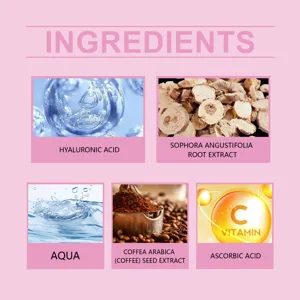 HOYGI Augen-Serum Inhaltsstoff-Detailkarte mit Hyaluronsäure, Kaffee und Vitamin C Formel.