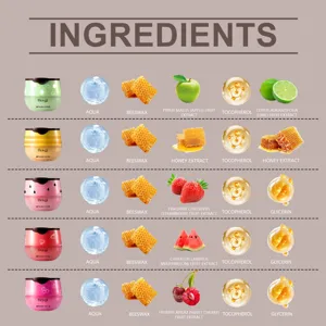 Detailed ingredients chart of HOYGI fruit lip masks with natural extracts and variants.