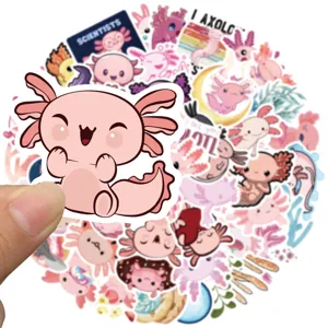 Axolotl sticker detail showing cute pink cartoon salamander designs for DIY decoration.