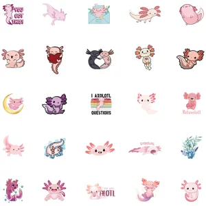 Cute axolotl sticker detail showcasing various funny cartoon poses and adorable pink designs.