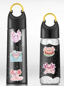 Detail view of black sport water bottles featuring cute pink axolotl cartoon stickers.
