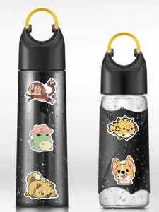 Cute cartoon animal stickers displayed on black water bottles for DIY decoration.