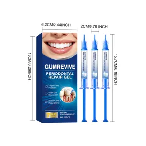 Zahnfleischpflege Gel Detailansicht mit Verpackung und tragbaren Spritzen für gesunde Zähne.