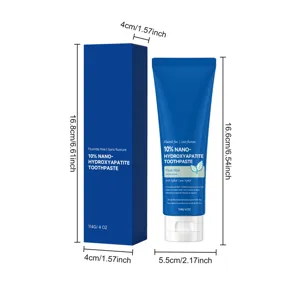 Vue détaillée du tube de dentifrice et de son emballage avec dimensions et spécifications.