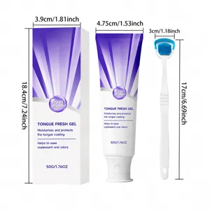 Vue détaillée du gel nettoyant pour la langue et du gratte-langue avec dimensions.