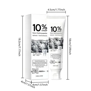 Vue détaillée du tube et de la boîte de dentifrice menthe avec des repères de taille.