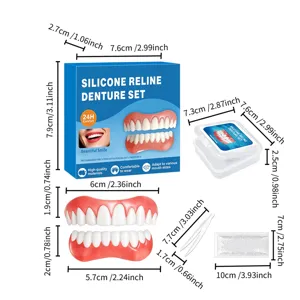 Silicone denture reline set with upper and lower teeth, storage box, tweezers, and gutta-percha.