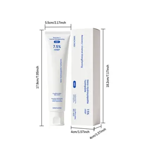 Vue détaillée du tube de dentifrice blanc et de sa boîte avec dimensions et formule nHAP.