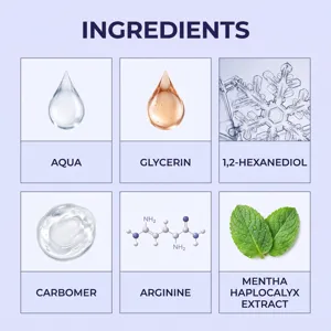 Infographie détaillée montrant les ingrédients clés comme l'aqua, la glycérine et la menthe.