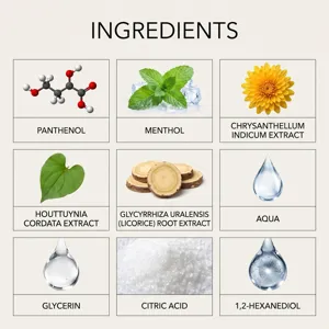 Infografica dettagliata degli ingredienti del liquido per igiene orale con estratti naturali.