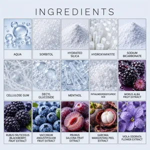 Détail des ingrédients présentant des extraits de fruits naturels et des actifs bucco-dentaires.