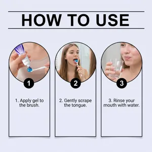 Gel gratte-langue brosse detail montrant l'utilisation etape par etape pour hygiene buccale.